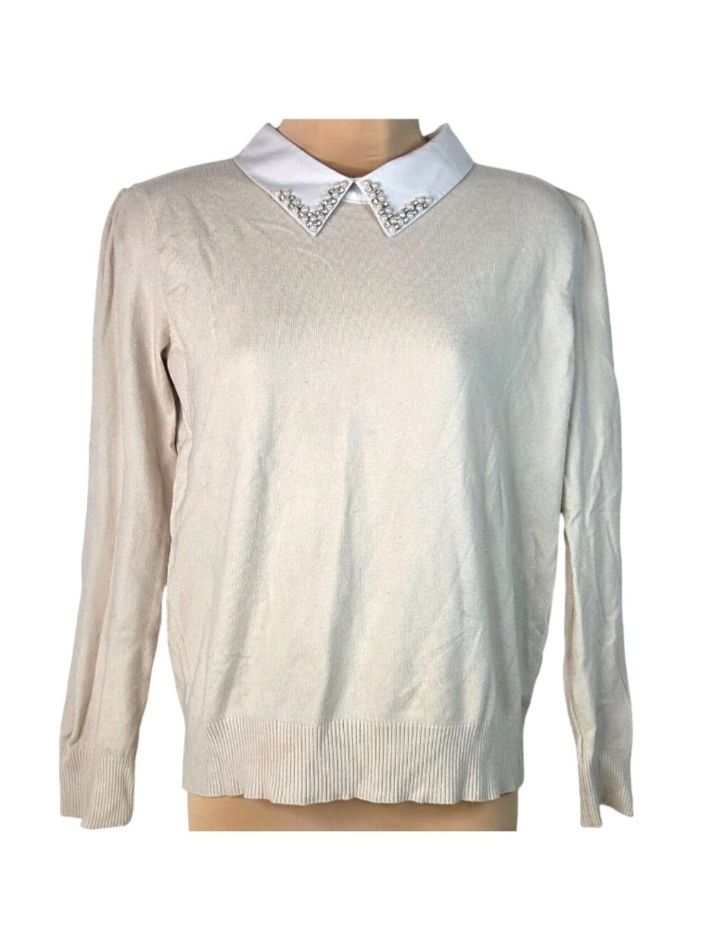 Sirenlily Petites Beige Knit Sweater W/ Pearl & Rhinestone Embellished White Col